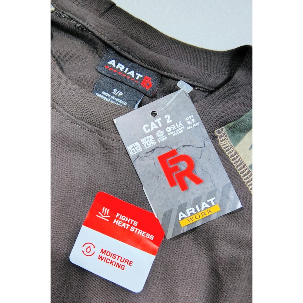 Ariat Work FR Flame Resistant Shirt Mens S Brown Camo Baseball Tee CAT 2 T-Shirt - Picture 4 of 14
